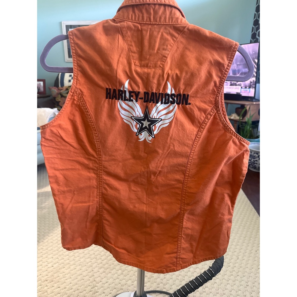 Harley-Davidson Mens Orange Sleeveless Button Down Shirt Embroidered Star Wing L